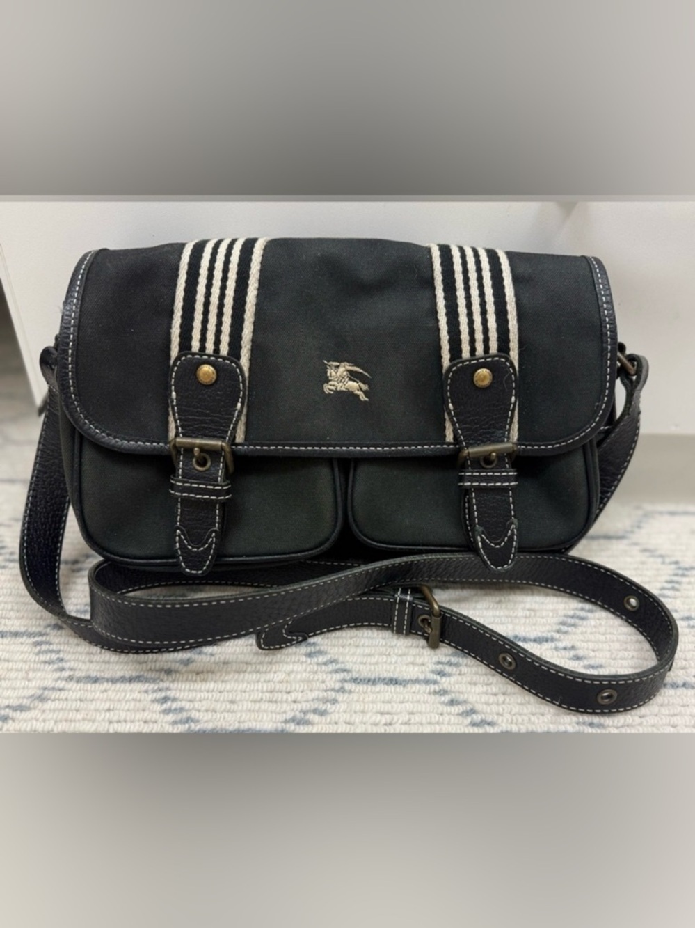BURBERRY Blue Label Vintage Unisex Black Canvas Leather Messenger Crossbody Bag